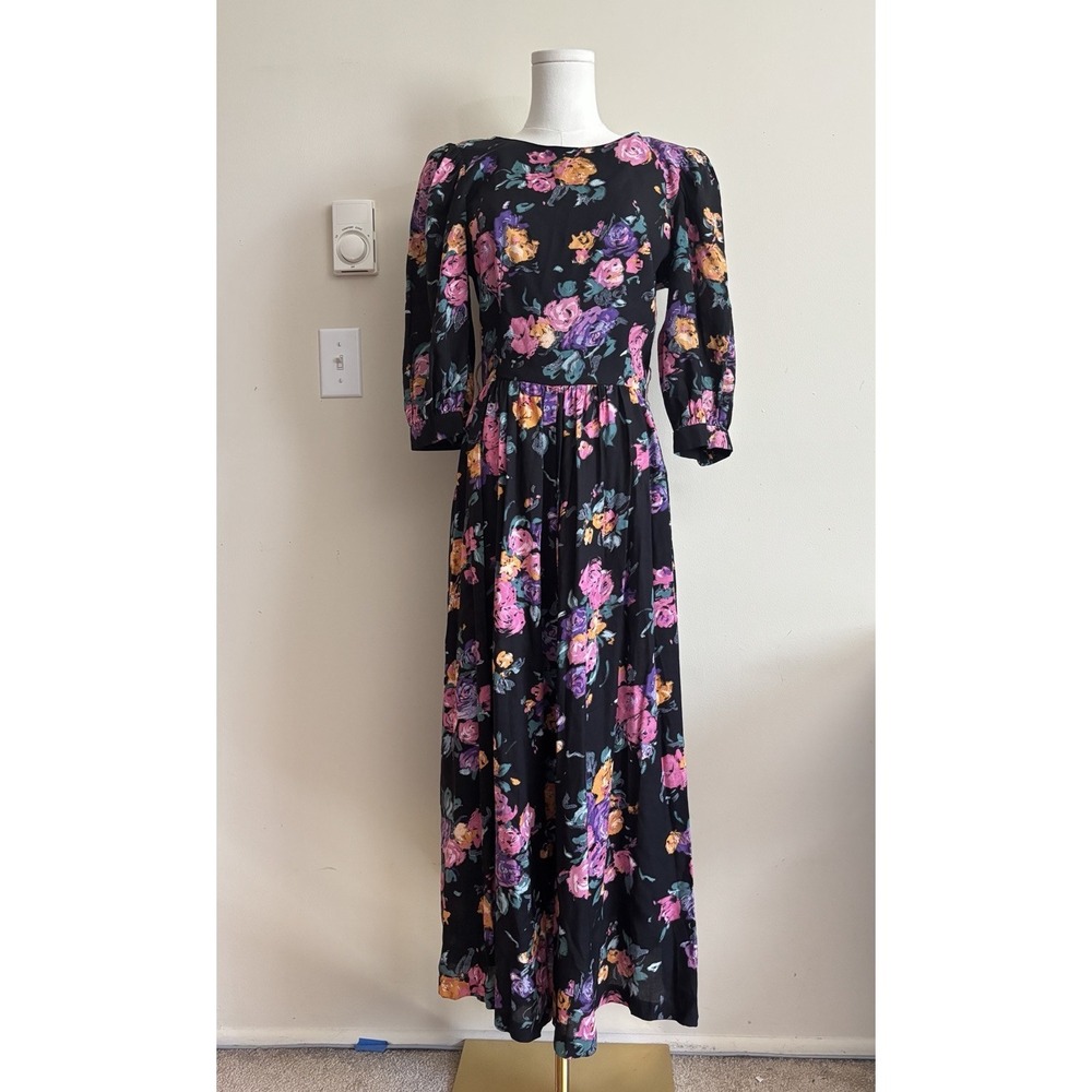 Vintage 80s 90s Lanz Originals Floral Dress 10 Medium Black Pink Retro Cottage